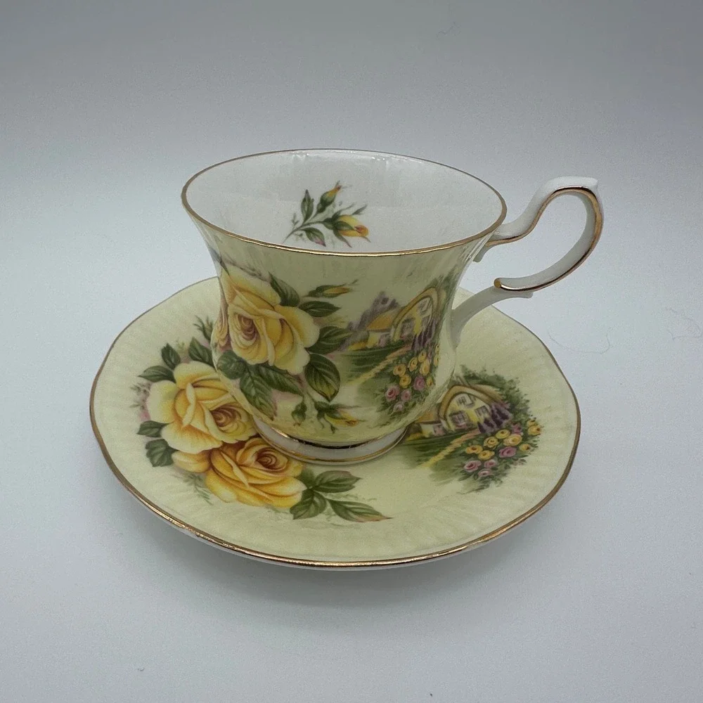 Queen's Rosina Staffordshire Tea Cup Saucer Set Yellow Rose Cottage Bone China
